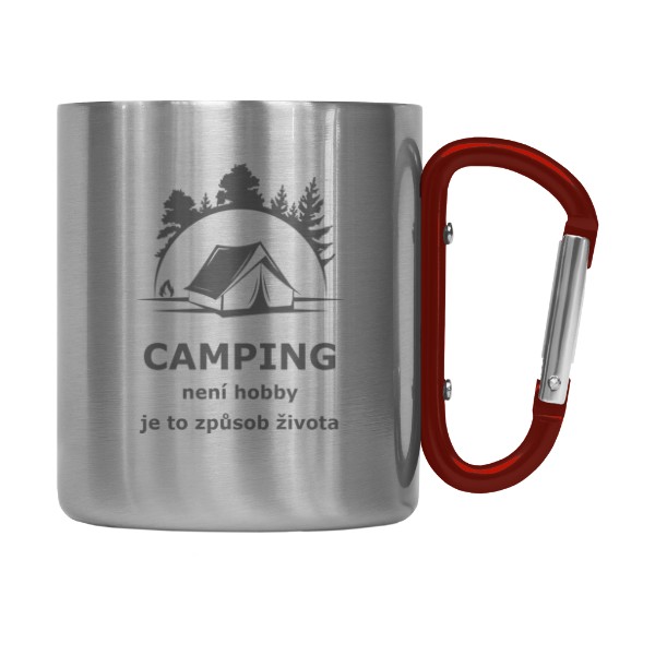 Hrnek nerez s karabinou s potiskem Camping není hobby - je to způsob života
